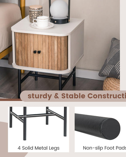 Giantex Mid-Century Modern Nightstand, Wood Bedside Table with Sliding Doors and 4 Metal Legs