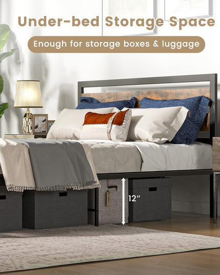 Giantex Queen Metal Platform Bed Frame with Wooden Headboard & Footboard, Rustic Brown
