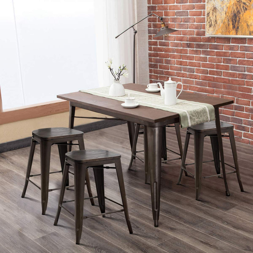 Giantex Tolix Style Dining Stools with Wood Seat and Backrest, Industrial Metal Counter Height Stool