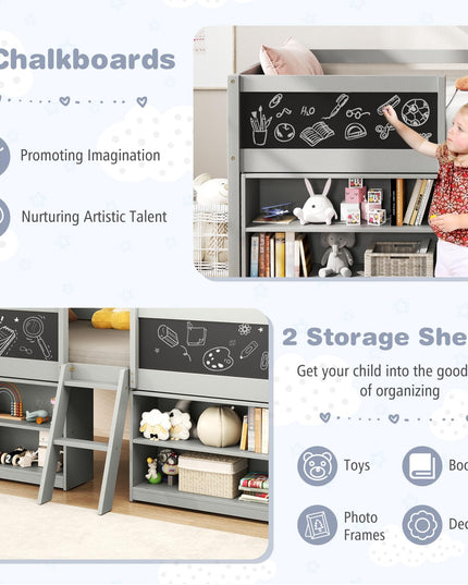 Giantex Low Loft Bed Twin Size, Wooden Loft Bed with Ladder & Blackboard