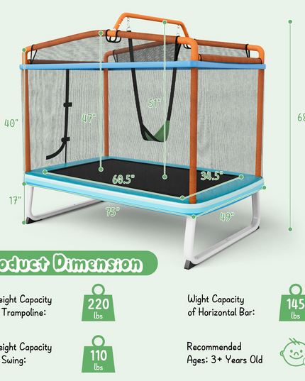 Giantex 6Ft Kids Trampoline with Swing and Horizontal Bar