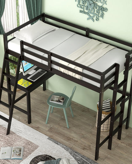 Giantex Twin Size Loft Bed with Desk, Solid Wood Loft Bed with 2 Ladders & Full Length Guardrail