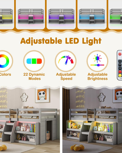 Giantex Low Loft Bed with LED Lights, Wooden Twin Loft Bed with Stairs & Safety Guardrail