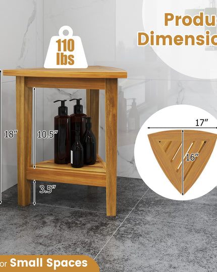 Giantex Corner Shower Bench - Teak Wood Shower Stool with Storage Shelf