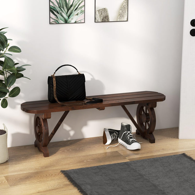 Giantex 2-Person Wooden Outdoor Bench - Patio Bench w/Wagon Wheel Legs