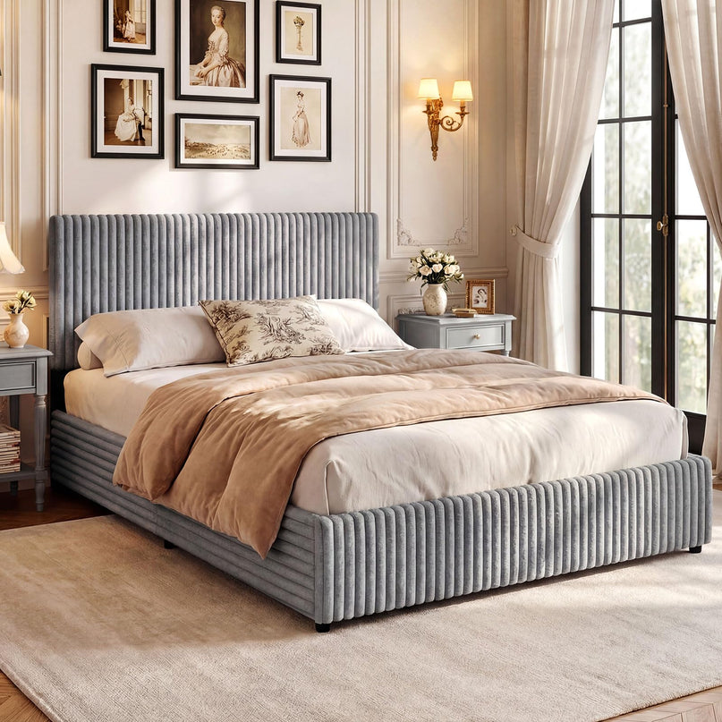Lit de rangement relevable Giantex Queen Size avec tête de lit capitonnée à chevrons et oreilles.