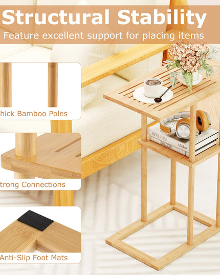 Giantex Bamboo Side Table Set of 2 with Storage Shelves