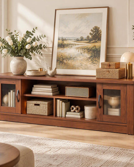 GIANTEX 63" Wooden Farmhouse TV Stand with 2 Fluted Doors