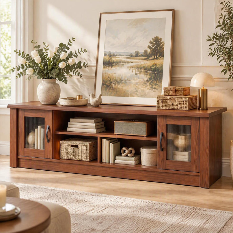 GIANTEX 63" Wooden Farmhouse TV Stand with 2 Fluted Doors