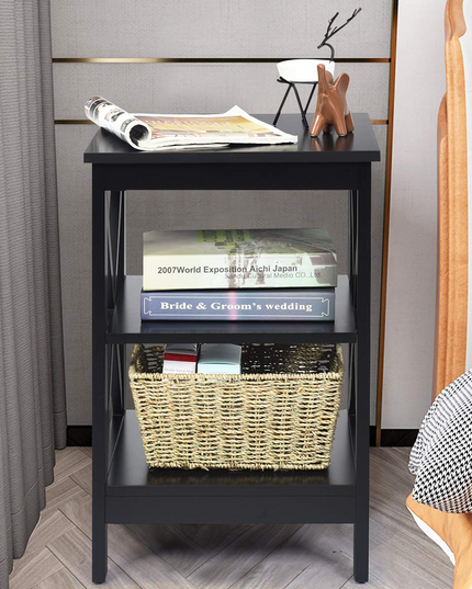 Nightstand 3-Tier X-Design W/Storage Shelves and Stable Structure Storage Organizer Display Sofa Side Table