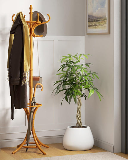 Giantex Solid Wood Coat Rack, Freestanding Hall Tree w/12 Hooks, Umbrella Holder, Entryway Hanger Stand for Coat