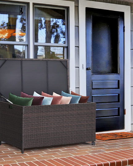 Giantex Outdoor Wicker Storage Box - 50 Gallon PE Rattan Storage Container with Lid, Mix Brown