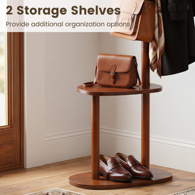 Giantex Coat Rack Freestanding | 70" Solid Wood Clothing Rack with 8 Hooks and 2 Storage Shelves