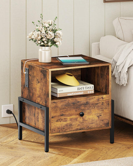 Giantex Industrial End Table with Charging Station & Storage Drawer