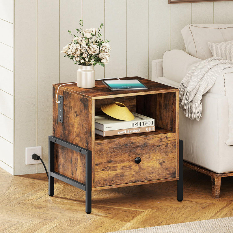 Giantex Industrial End Table with Charging Station & Storage Drawer