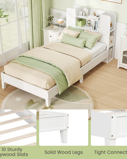 Giantex Twin Bed Frames for Kids, Wooden Twin Size Bed with Storage Bookcase Headboard