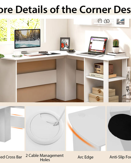 Giantex L Shaped Computer Desk, 51" Large Corner Desk with 2 Cable Holes & 2 Storage Shelves, White