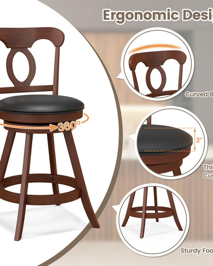 Giantex Swivel Bar Stools Set of 2, 24" Counter Height Barstools with Back, Solid Rubber Wood Frame