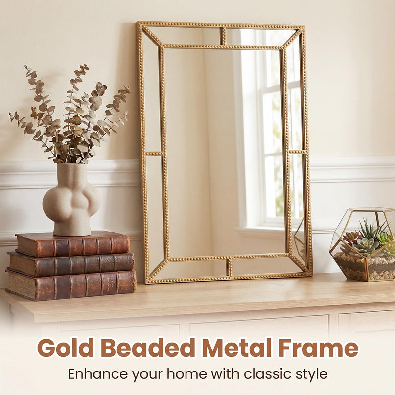 CHARMAID Gold Beaded Wall Mirror | Decorative Vanity Mirrors for Bathroom