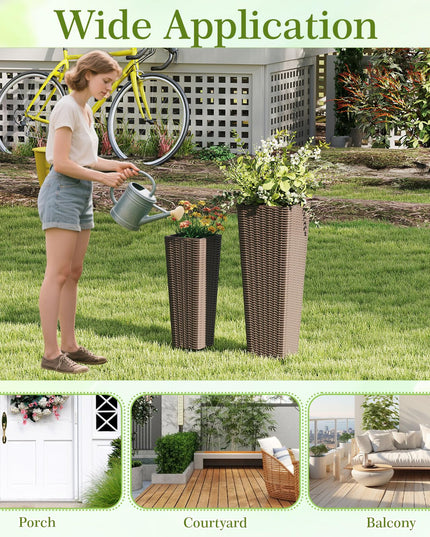Giantex Rattan Tall Planter Set of 2 Outdoor Large Tapered Planters with Removable Inner Trays