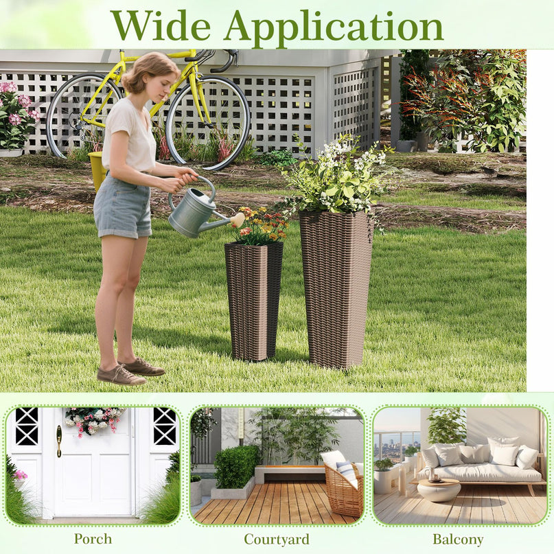 Giantex Rattan Tall Planter Set of 2 Outdoor Large Tapered Planters with Removable Inner Trays
