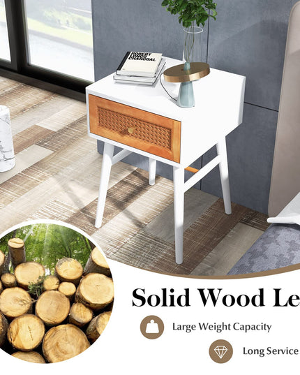 Giantex Rattan Nightstand, Boho End Side Table with Rattan Decorated Storage Drawer & Solid Wood Legs