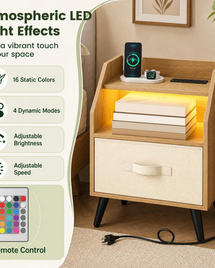 GIANTEX Modern LED Nightstand w/Charging Station & Fabric Drawer