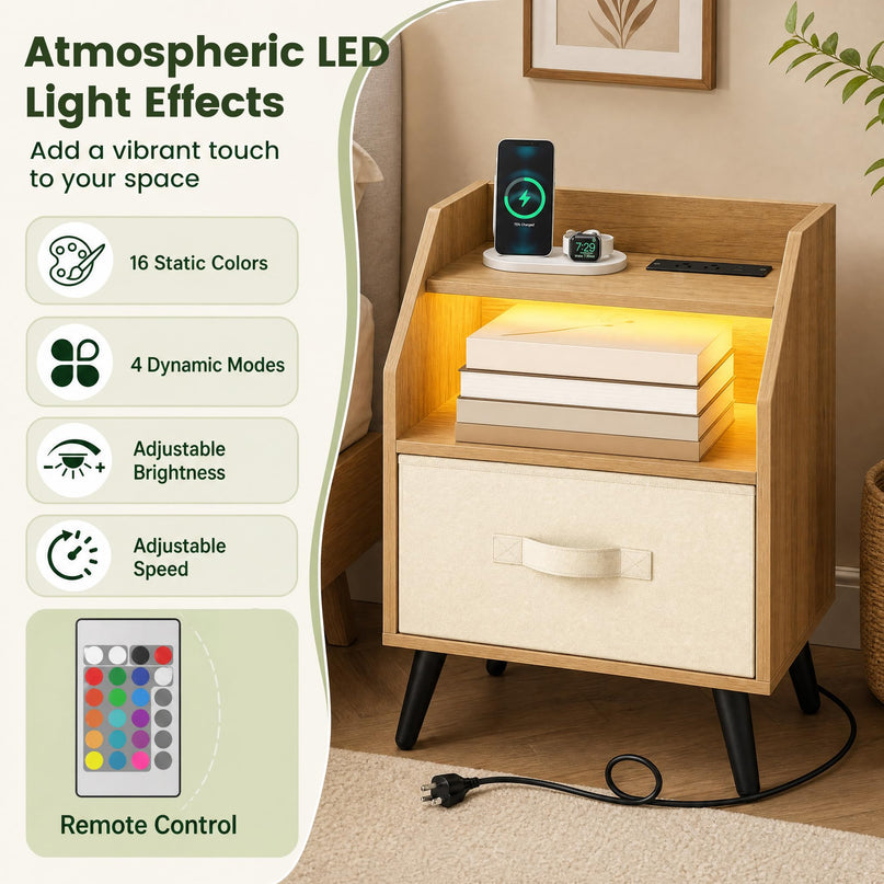 GIANTEX Modern LED Nightstand w/Charging Station & Fabric Drawer