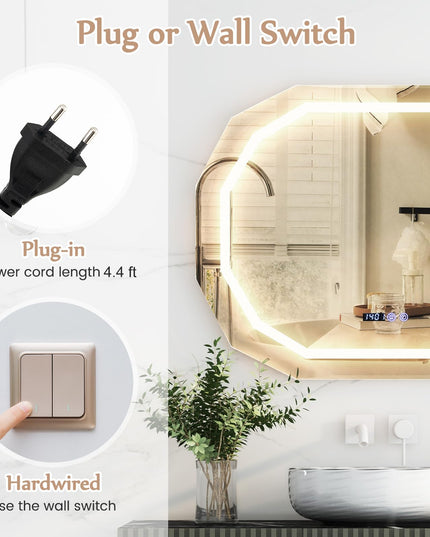 LED Bathroom Mirror, Lighted Beveled Edge Vanity Mirror Wall Mounted