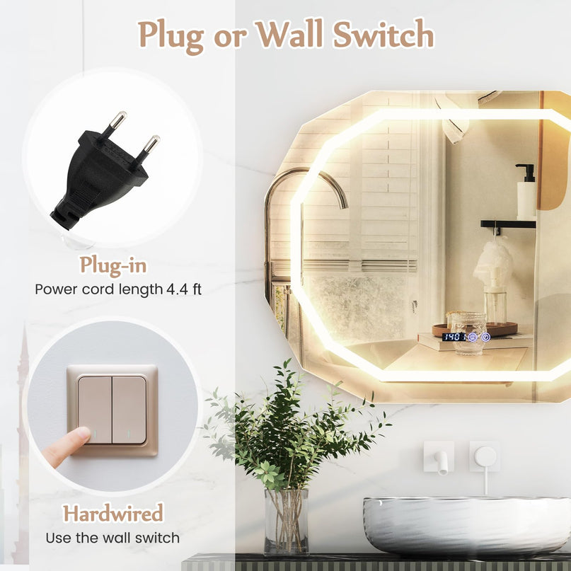 LED Bathroom Mirror, Lighted Beveled Edge Vanity Mirror Wall Mounted