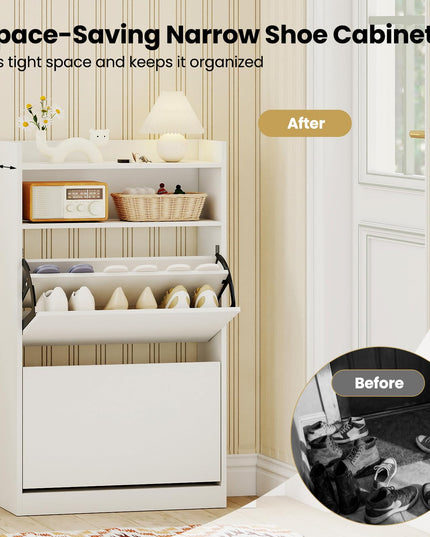 Giantex Shoe Cabinet with 2 Flip Drawers Freestanding Narrow Shoe Organizer Cabinet