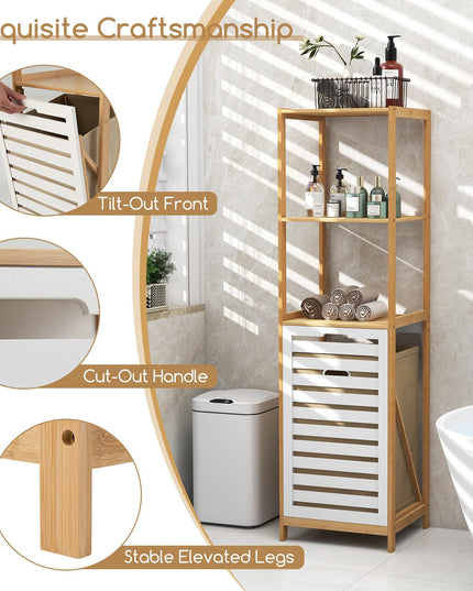 Meuble à Linge Inclinable Giantex - Meuble de Rangement pour Linge avec 3 Étagères, Panier à Linge Amovible