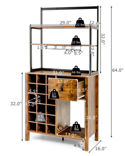 Giantex Sideboard with Hutch, 18 Bottles Wood Wine Rack, 1 Drawer, Standing 4-Tier Bakers Rack with Glass Holder
