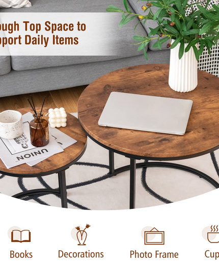 Nesting Coffee Table Set of 2, Round Stacking Side Tables w/Wooden Tabletop & Steel Frame