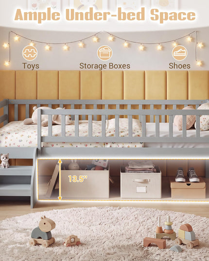 Giantex Low Profile Twin Size Platform Bed Frame with Stairs & Safety Guardrails