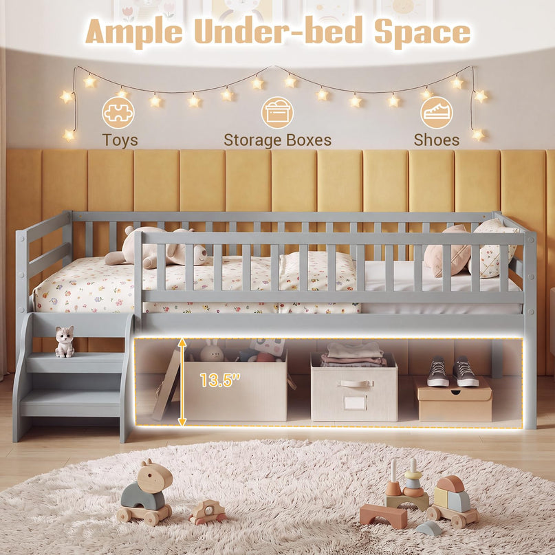 Giantex Low Profile Twin Size Platform Bed Frame with Stairs & Safety Guardrails
