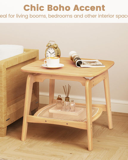 Giantex Rattan Side Table, Boho End Table with Storage Shelf, 2-Tier Bedside Table for Small Spaces