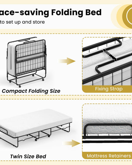 Giantex Twin Folding Bed with Mattress, Roll Away Bed Portable Guest Bed w/Sturdy Metal Frame