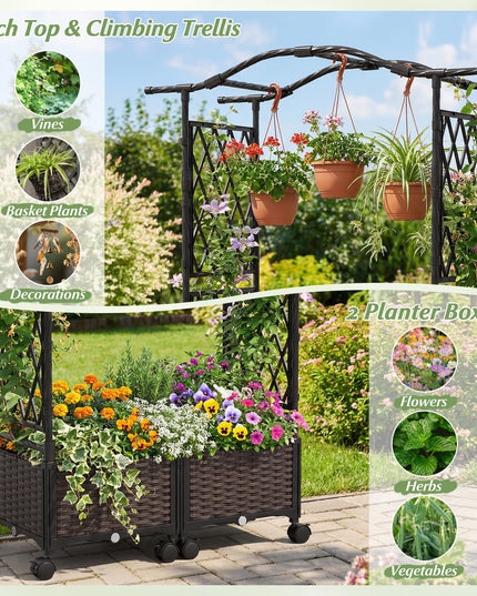 Giantex Planter Boxes with Arch Trellis | 5FT Self-Watering Tall Raised Garden Bed w/Wheels
