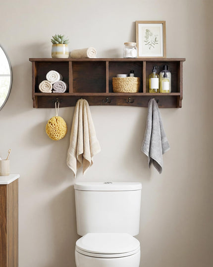 Giantex Wall Mounted Coat Rack 28.5'' Wooden Floating Shelf with 4 Cubbies & 5 Double Hooks