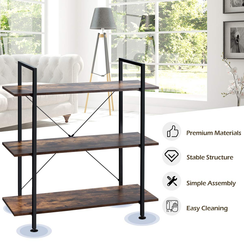 Giantex 3-Tier Industrial Bookshelf, Vintage Bookcase w/ Metal Frame