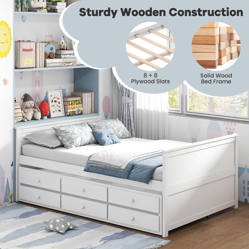 Giantex Full Size Bed Frame with Twin Trundle & 3 Storage Drawers