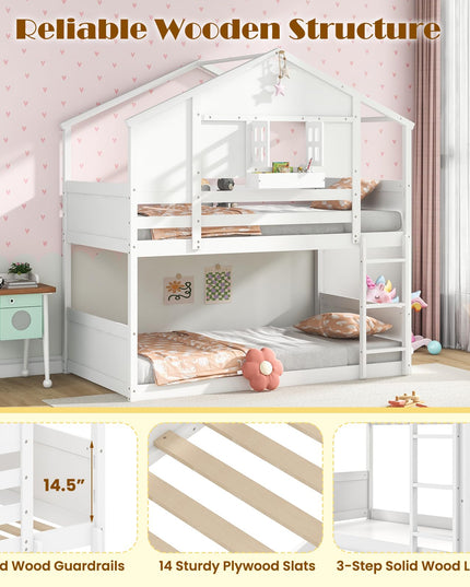 Giantex Bunk Bed Twin Over Twin, Wood House Bed for Kids with Roof, Window Door, White