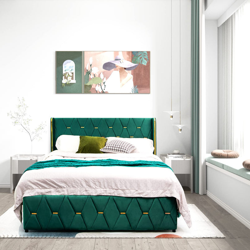 Giantex Upholstered Platform Bed Frame, Full Size Bed with Adjustable Headboard & Wooden Slat Support