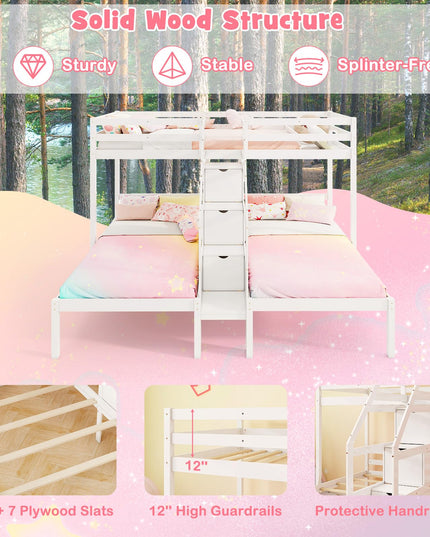 Giantex Lit Superposé Triple (Lits Jumeaux sur Lits Jumeaux et Lits Jumeaux) avec Escalier de Rangement à 4 Marches, 3 Lits Superposés en Bois pour Enfants et Adolescents