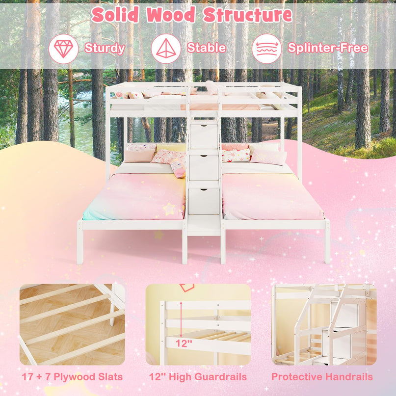 Giantex Lit Superposé Triple (Lits Jumeaux sur Lits Jumeaux et Lits Jumeaux) avec Escalier de Rangement à 4 Marches, 3 Lits Superposés en Bois pour Enfants et Adolescents