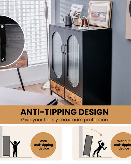 Giantex Buffet Cabinet with 2 Drawers, Wooden Sideboard, Standing 2-Tier Cupboard (Black & Brown)