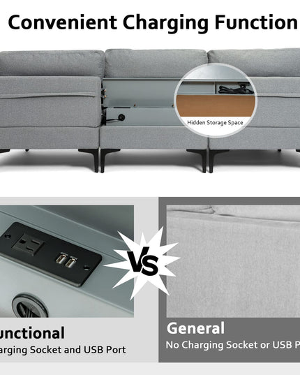 Giantex 94.5" L Convertible Sofa Couch, 3 Seat Sectional Sleeper with USB Ports & Socket