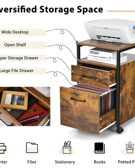 Giantex 2-Drawer Rolling File Cabinet, Under Desk File Cabinet Printer Stand on Wheels, Rustic Brown
