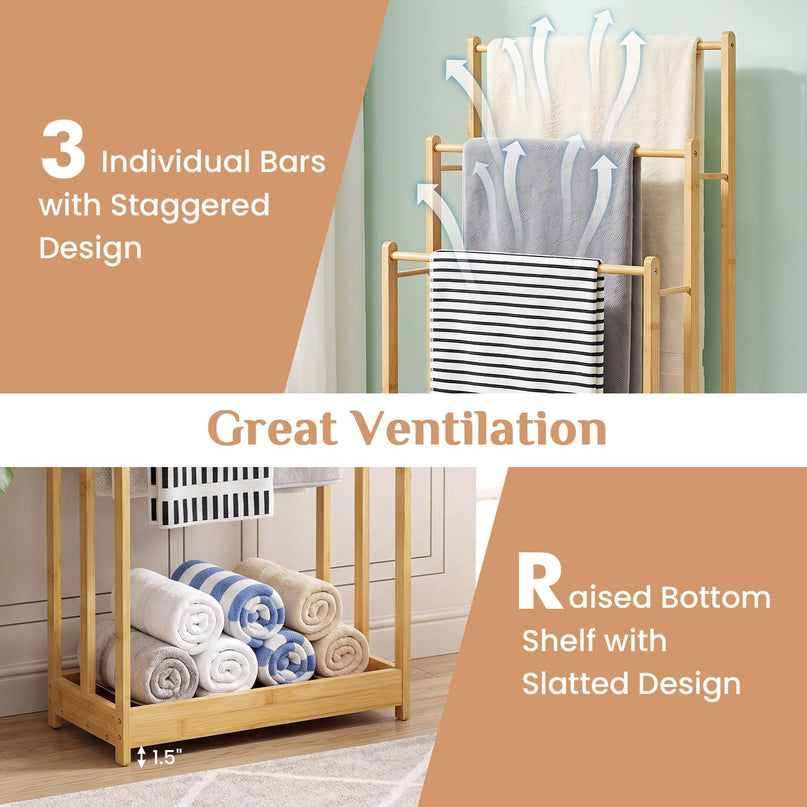 Giantex 3 Tier Free Standing Bamboo Towel Rack with Storage Shelf